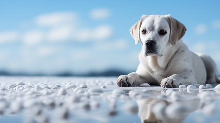 Photo of the dog lying on rocky groundの素材