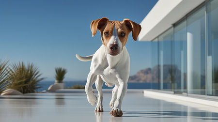 Dog outside luxury homeの素材