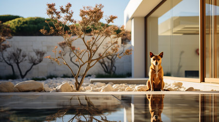 Dog outside luxury homeの素材