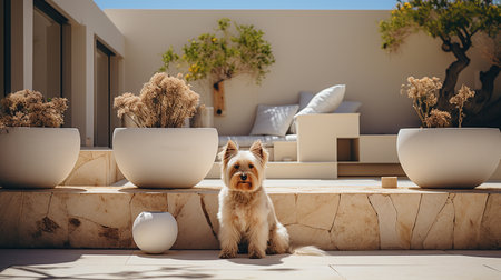 Dog outside luxury homeの素材