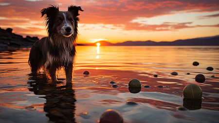 Dog on the beach at sunsetの素材