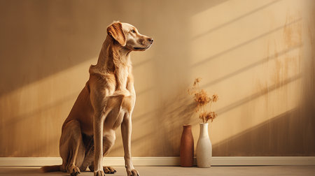 Dog sitting in front of a home wallの素材