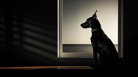 Dog sitting in front of a home wallの素材