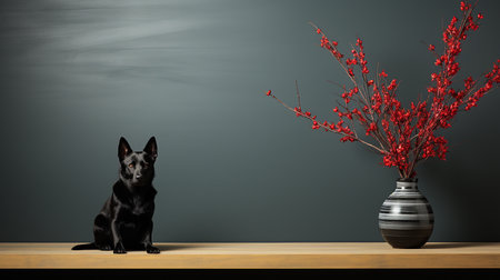 Dog sitting in front of a home wallの素材