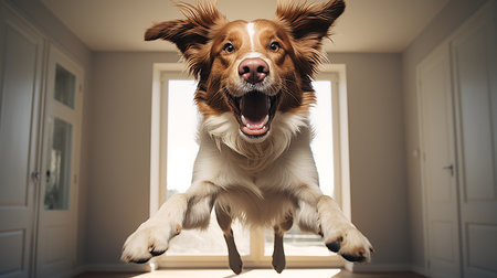 Portrait of a happy dog jumpingの素材