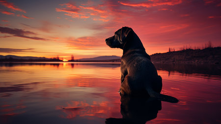 Dog on the beach at sunsetの素材