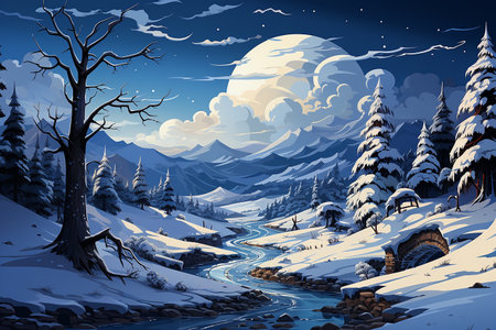 Impressive Christmas cartoon landscape under the snowの素材