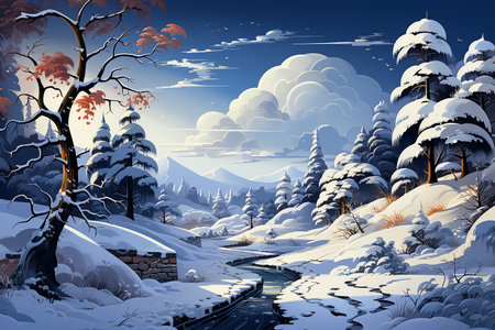 Impressive Christmas cartoon landscape under the snowの素材