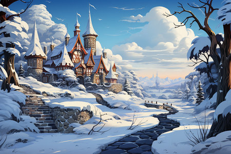 Impressive Christmas cartoon landscape under the snowの素材