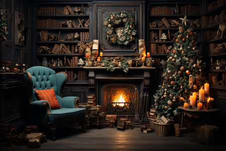 A Christmas scene with a fireplace and a Christmas treeの素材