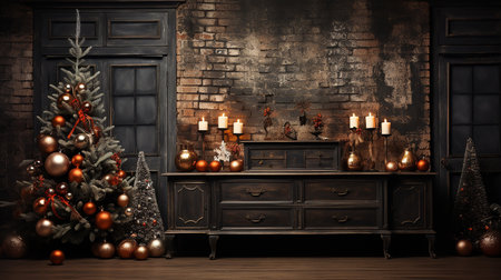 Christmas decorations in the classic dark churchの素材
