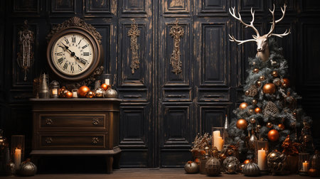 Christmas decorations in the classic dark churchの素材