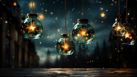Christmas light balls with winter night backgroundの素材