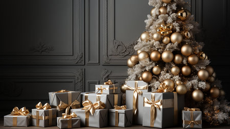 White Christmas tree with gifts, winter season backgroundの素材