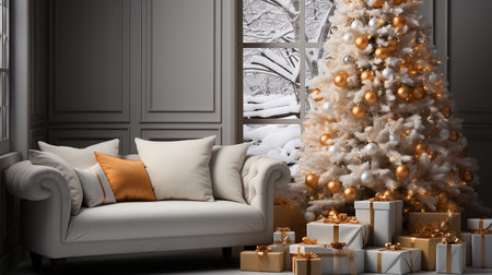 White Christmas tree with gifts, winter season backgroundの素材