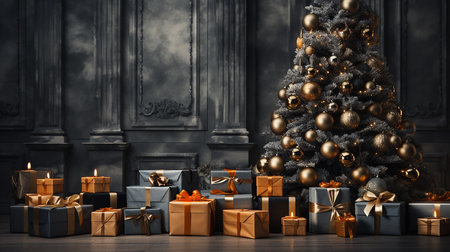 Dark Christmas tree with gifts, winter season backgroundの素材