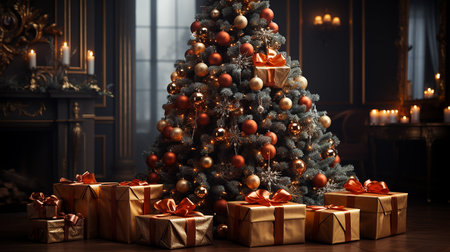 Dark Christmas tree with gifts, winter season backgroundの素材