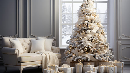 White Christmas tree with gifts, winter season backgroundの素材