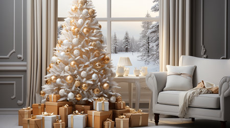 White Christmas tree with gifts, winter season backgroundの素材