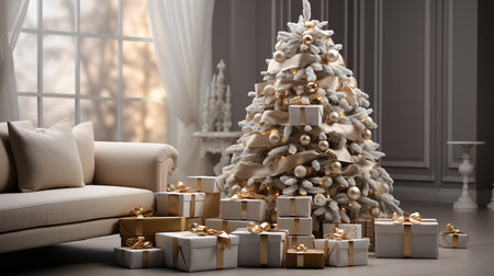 White Christmas tree with gifts, winter season backgroundの素材