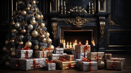 Dark Christmas tree with gifts, winter season backgroundの素材