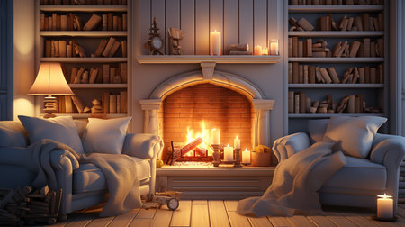 A Christmas scene with a fireplace and a Christmas treeの素材