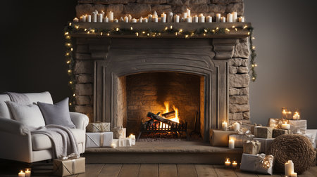 A Christmas scene with a fireplace and a Christmas treeの素材