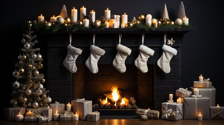 A Christmas scene with a fireplace and a Christmas treeの素材
