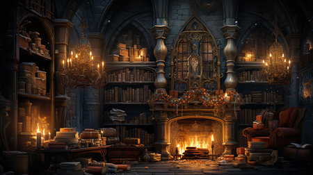 A Christmas scene with a fireplace and a Christmas treeの素材