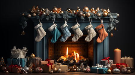 A Christmas scene with a fireplace and a Christmas treeの素材