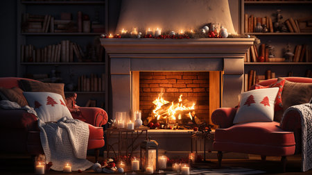 A Christmas scene with a fireplace and a Christmas treeの素材