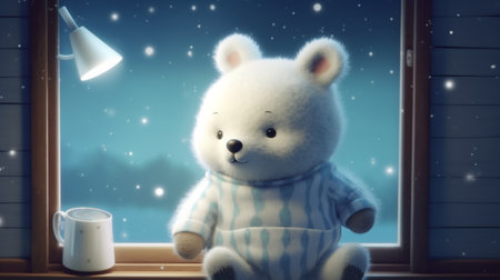 White cotton bear in a window, winter backgroundの素材