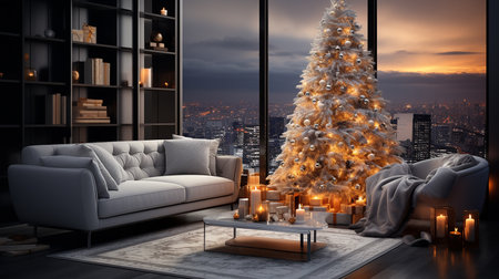 White Christmas tree with gifts, winter season backgroundの素材
