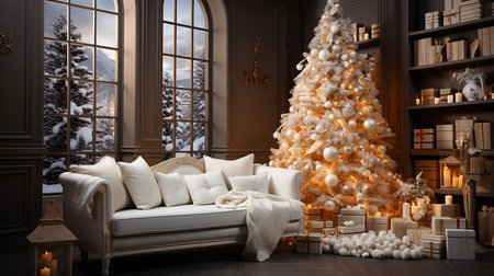 White Christmas tree with gifts, winter season backgroundの素材