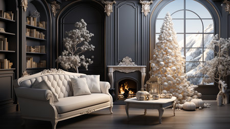 White Christmas tree with gifts, winter season backgroundの素材