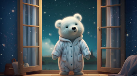 White cotton bear in a window, winter backgroundの素材