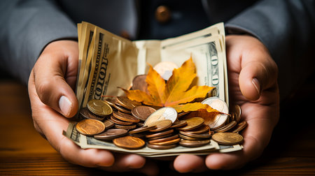 Coins in hand, money concept backgroundの素材