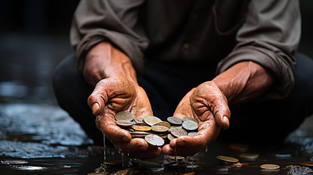 Coins in hand, money concept backgroundの素材