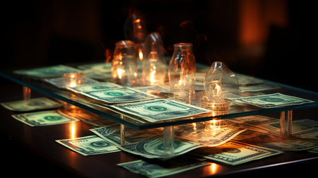 Banknotes are scattered on the tableの素材