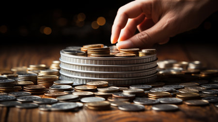 Coins in hand, money concept backgroundの素材