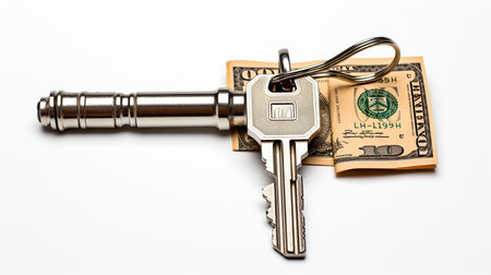 Key and dollar on white backgroundの素材