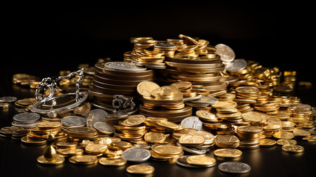 Stack of coins on the tableの素材