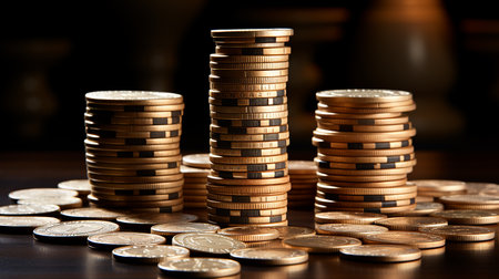 Stack of coins on the tableの素材