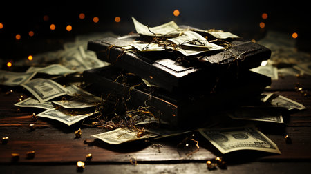 Banknotes are scattered on the tableの素材