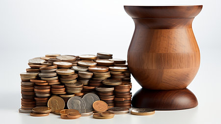 Stack of coins on the tableの素材