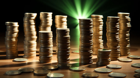 Stack of coins on the tableの素材