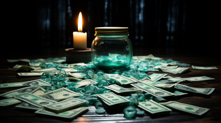 Banknotes are scattered on the tableの素材