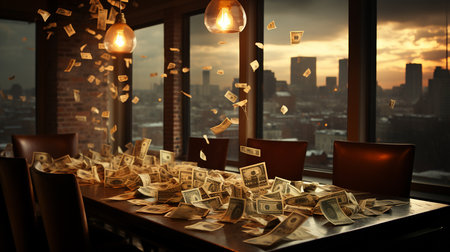 Banknotes are scattered on the tableの素材