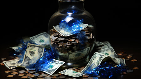 Banknotes are scattered on the tableの素材