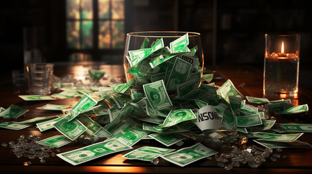 Banknotes are scattered on the tableの素材